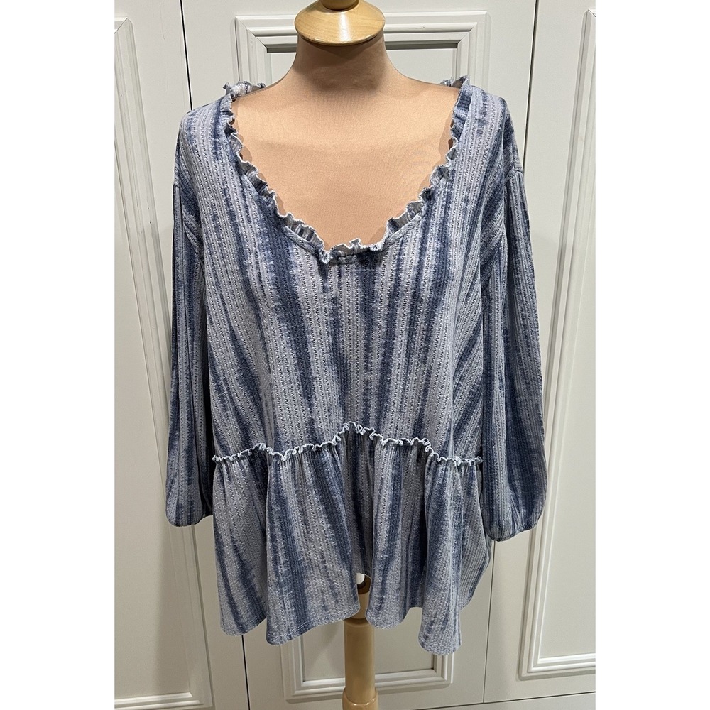 Como Blu Women's Blue Tie Dye‎ Knit Top Size 4X Ruffle Boho Hippie Beach